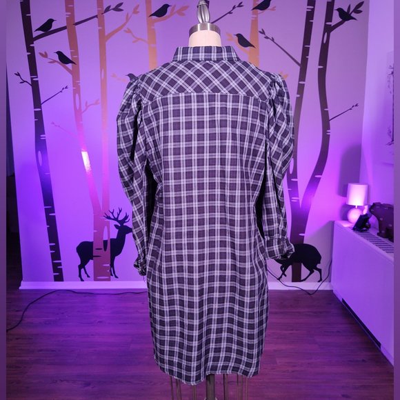 WORN ONCE ASOS BooHoo Blue Plaid Leg of Mutton Sleeve Buttondown Shirt Dress 80s - Picture 4 of 9
